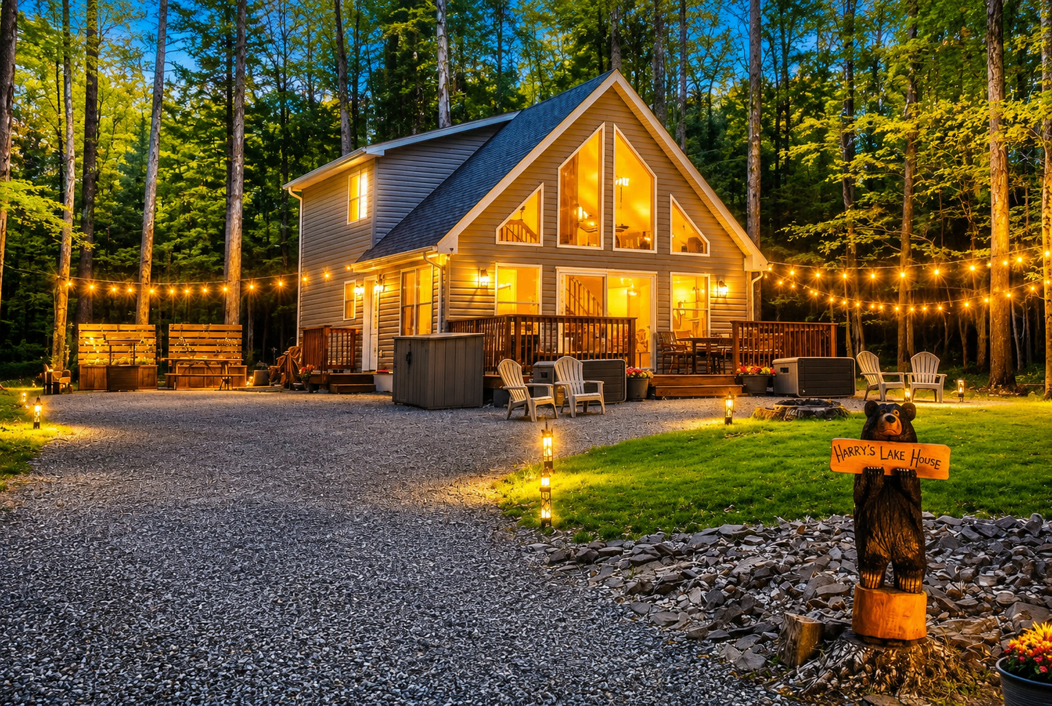 Harry's Lake House exterior glowing at dusk in the Pocono woods