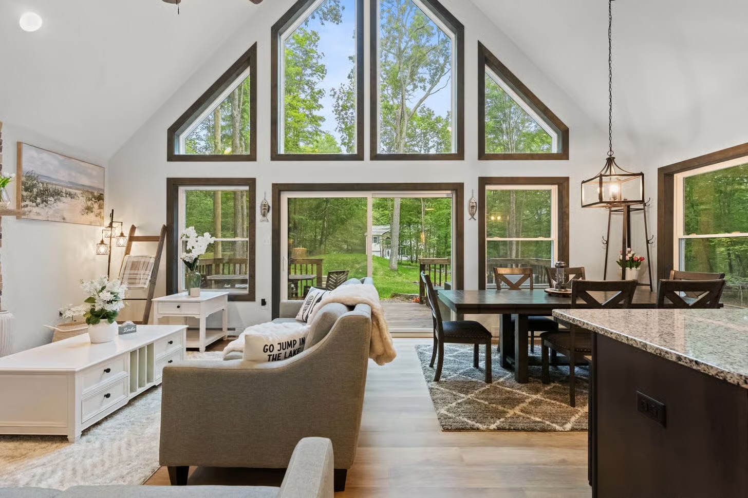 Great room with cathedral ceilings and floor-to-ceiling windows